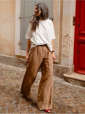 Abercrombie & Fitch Wide-Leg Linen Pants in Brown